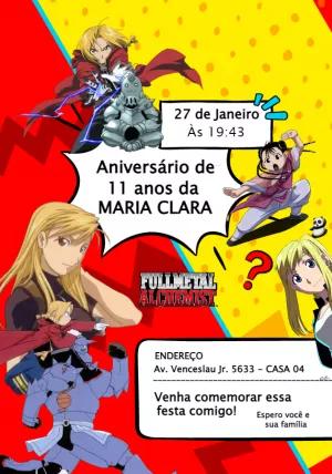 Convite Aniversário Fullmetal Alchemist para Editar Online