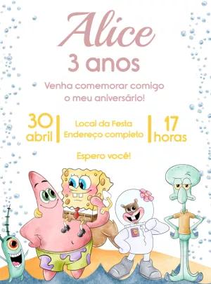 Convite Aniversário Bob Esponja Aquarela para Editar Online