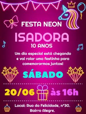 Convite de Aniversário Neon com Unicórnio para Editar Online