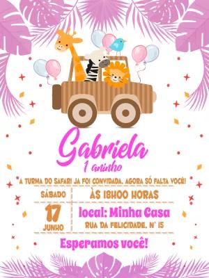 Convite de Aniversário Safari Rosa com Animais para Editar Online