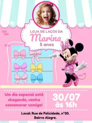 Convite Aniversário Loja de Laços da Minnie com Foto para Editar