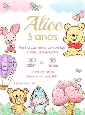 Convite de Aniversário Ursinho Pooh Aquarela para Editar