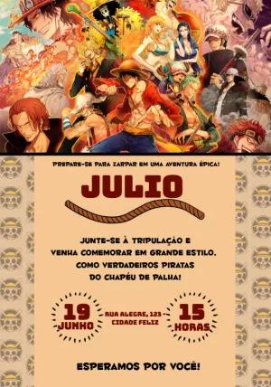 Convite de Aniversário One Piece com Personagens para Editar