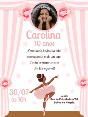 Convite Aniversário Bailarina Negra com Foto para Editar Online