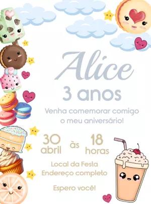 Convite Aniversário Guloseimas e Doces Fofos para Editar