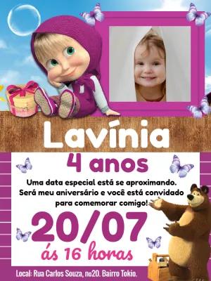 Convite Aniversário Masha e o Urso com Foto Editável Online