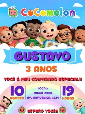 Convite de Aniversário Cocomelon com a Turma Reunida para Editar