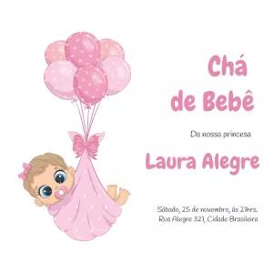 Convite Chá de Bebê Menina com Balões para Editar Online