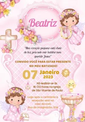 Convite de Batizado Anjinha Rosa para Editar Online