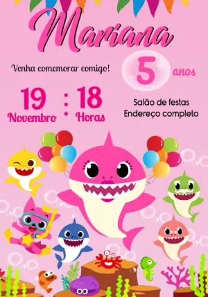 Convite Aniversário Baby Shark Rosa para Editar Online