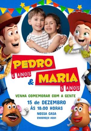 Convite Aniversário Duplo Toy Story com Foto para Editar