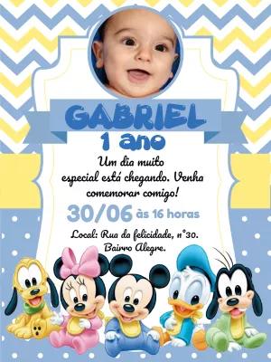 Convite Aniversário Disney Baby Azul com Foto para Editar Online