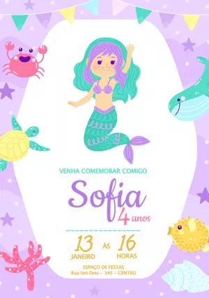 Convite de Aniversário Sereia Fofa e Amigos para Editar