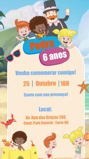 Convite de Aniversário Mundo Bita na Praia para Editar Online