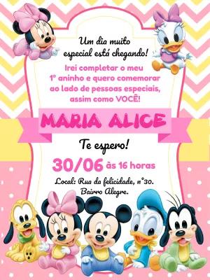 Convite Aniversário Disney Baby Rosa para Editar Online