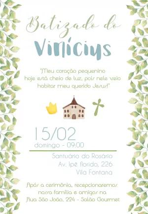 Convite de Batizado com Folhas Verdes para Editar Online