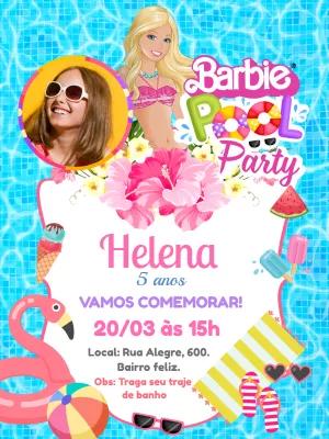 Convite Aniversário Barbie Pool Party com Foto para Editar
