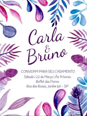 Convite de Casamento Folhagens Aquarela Roxo para Editar