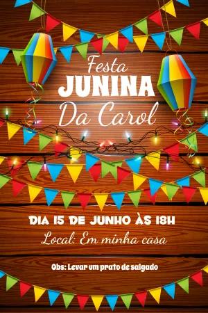 Convite Festa Junina Rústico com Bandeirinhas para Editar Online
