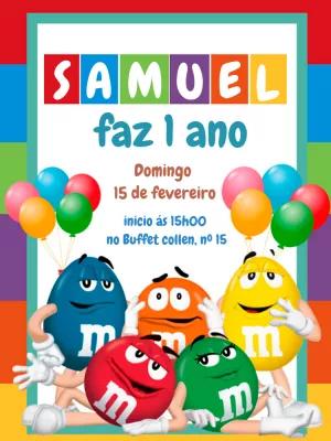 Convite Aniversário M&M's com Personagens para Editar Online