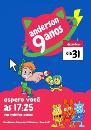 Convite Aniversário Gato Galáctico com Personagens para Editar