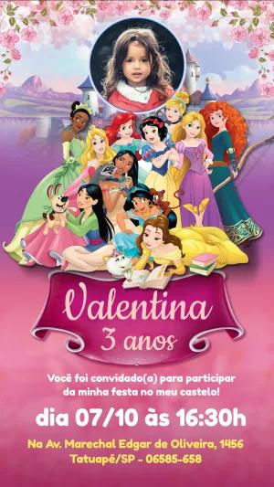 Convite Aniversário Princesas Disney com Foto para Editar Online