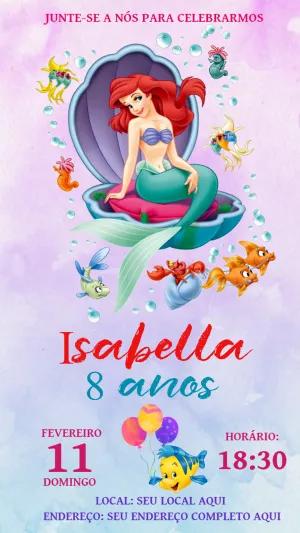 Convite Aniversário Pequena Sereia Ariel para Editar Online