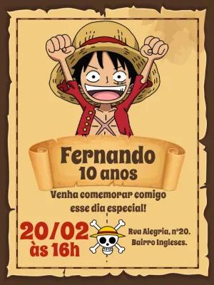 Convite de Aniversário One Piece com Luffy para Editar Online