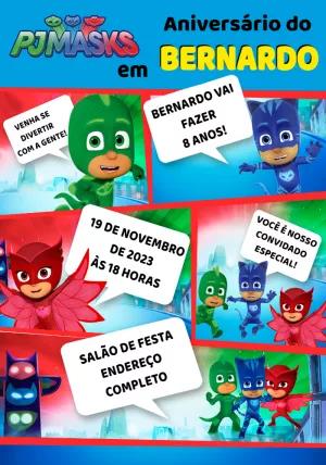 Convite Aniversário PJ Masks para Editar Online com Personagens