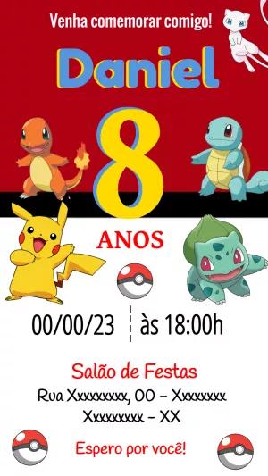Convite de Aniversário Pokémon com Pikachu e Amigos para Editar