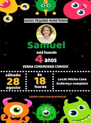 Convite Aniversário Monstrinhos com Foto para Editar Online