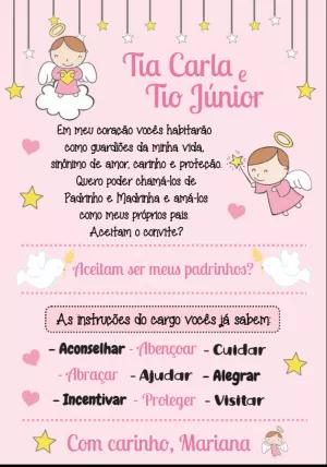 Convite Padrinhos de Batismo Anjinha Rosa para Editar Online