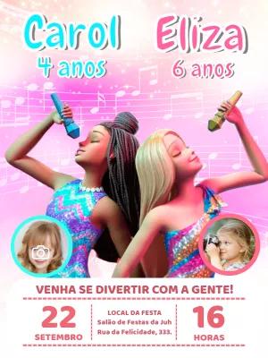 Convite Aniversário Duplo Barbies com Foto para Editar Online
