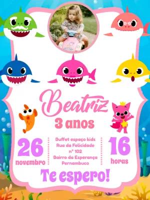 Convite de Aniversário Baby Shark com Foto para Editar Online
