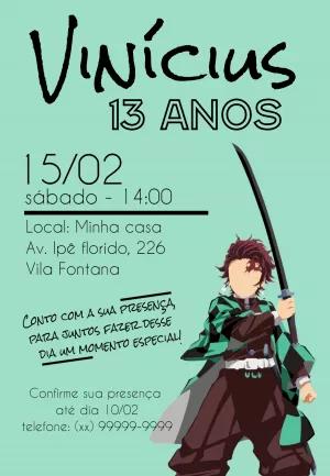 Convite Aniversário Demon Slayer com Tanjiro para Editar