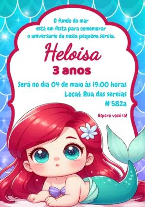 Convite Aniversário Pequena Sereia Fofa para Editar Online