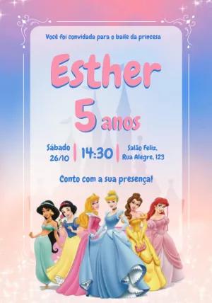 Convite Aniversário Princesas Disney para Editar Online
