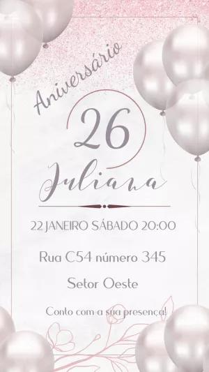Convite Aniversário Rosê Gold com Balões para Editar Online