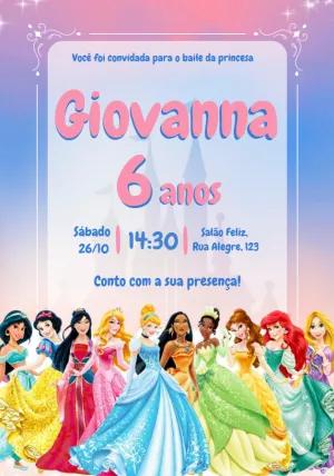 Convite de Aniversário Princesas da Disney para Editar Online