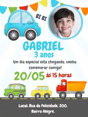 Convite Aniversário Carrinhos com Foto para Editar Online