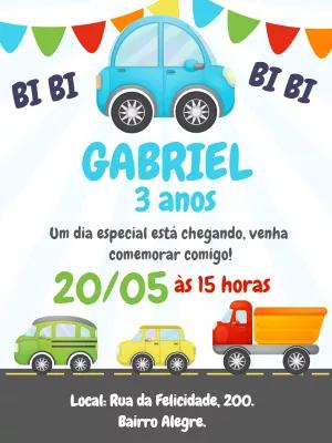 Convite de Aniversário Carrinhos Coloridos para Editar Online