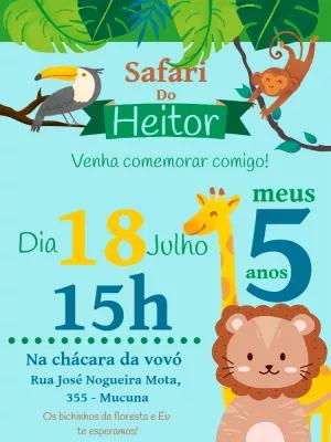 Convite Aniversário Safari com Animais para Editar Online