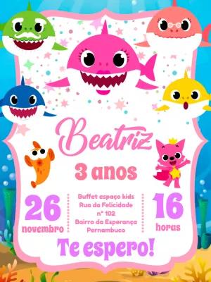 Convite Aniversário Baby Shark com a Turma para Editar Online