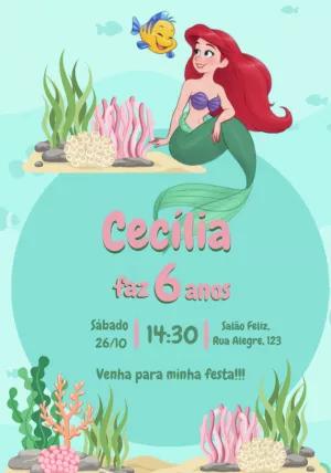 Convite de Aniversário Sereia Ariel para Editar Online