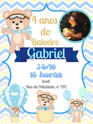 Convite Aniversário Ursinho Baloeiro com Foto para Editar