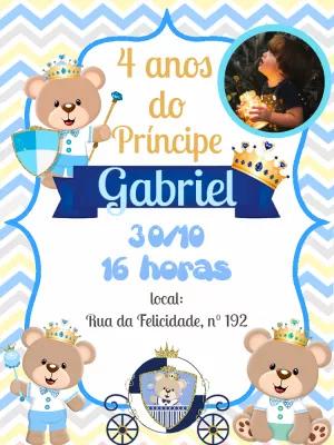 Convite Aniversário Ursinho Príncipe com Foto para Editar Online