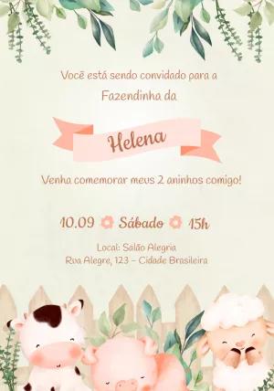 Convite Aniversário Fazendinha Aquarela para Editar Online
