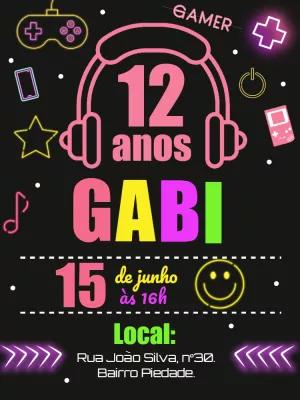 Convite de Aniversário Gamer Menina Neon para Editar Online