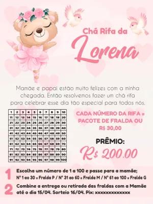 Chá Rifa Ursinha Bailarina Editável para Chá de Bebê