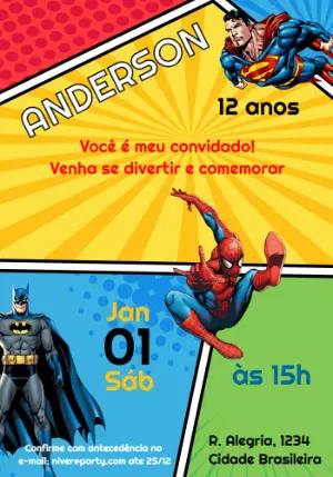 Convite de Aniversário Super-Heróis Estilo Gibi para Editar